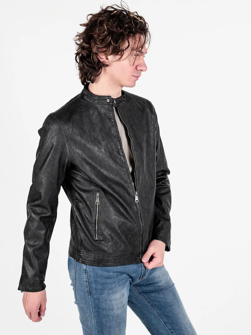Giacca in ecopelle da uomo con zip - nero
