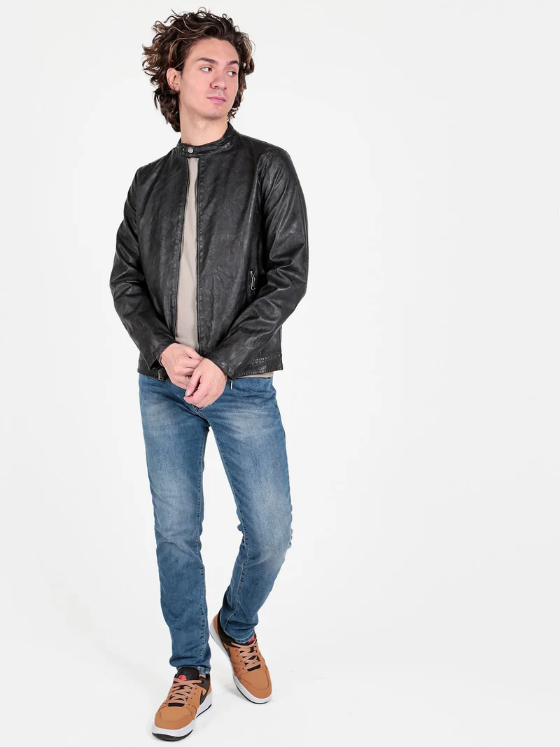 Giacca in ecopelle da uomo con zip - nero