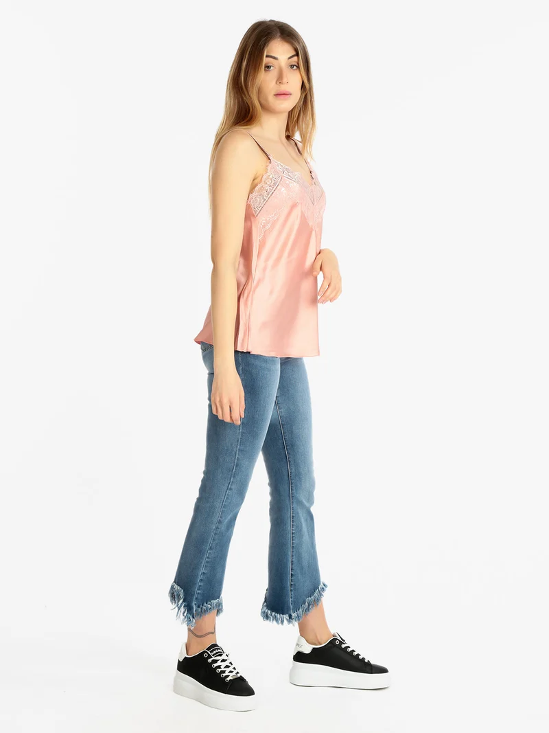 Top donna effetto raso con pizzo - rosa