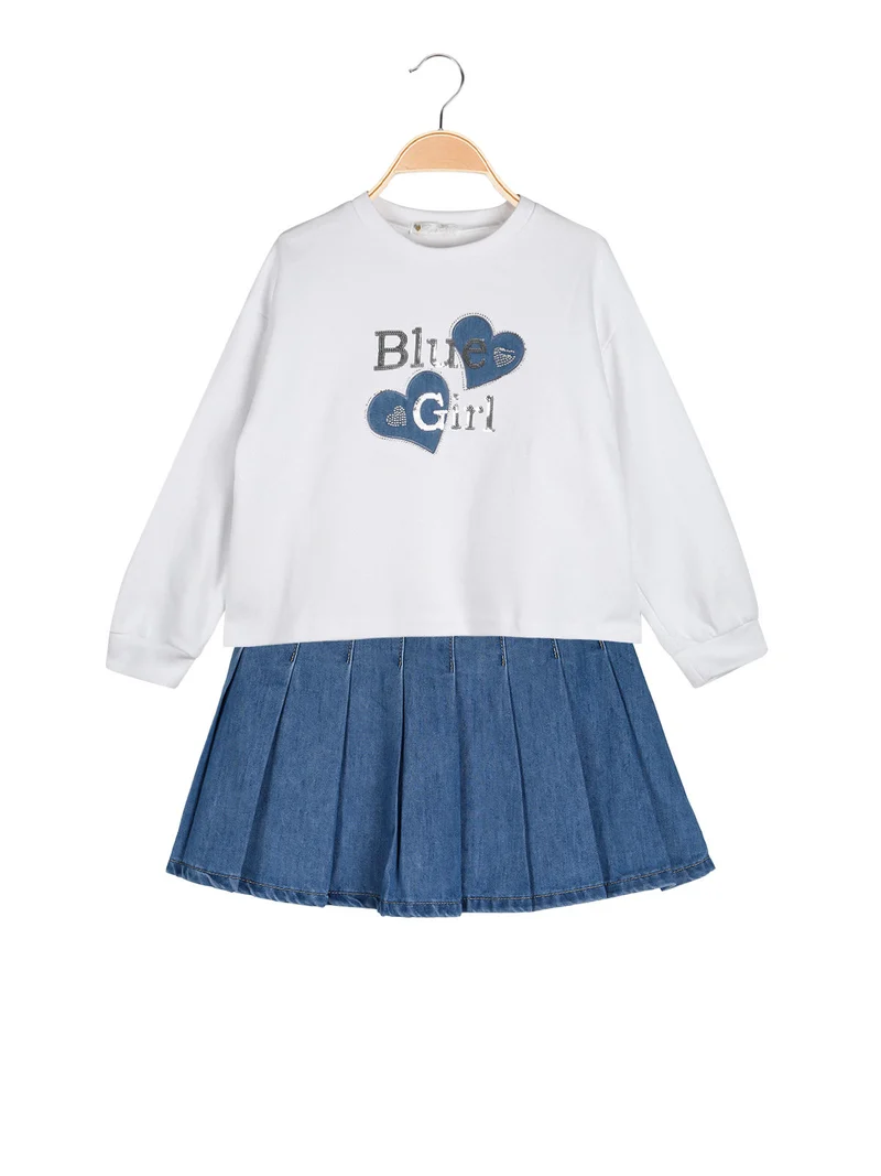 Completo 2 pezzi da bambina con felpa oversize e gonna in jeans - bianco
