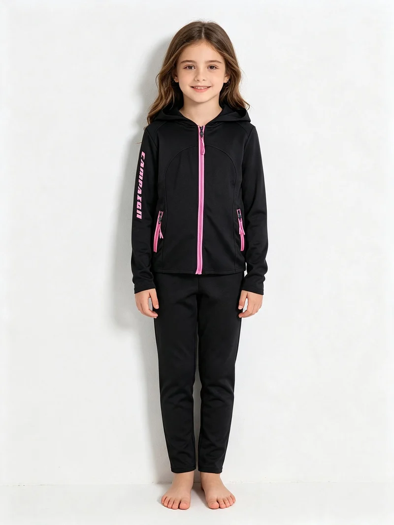 Completo tuta sportiva 2 pezzi da bambina con cappuccio e zip - nero
