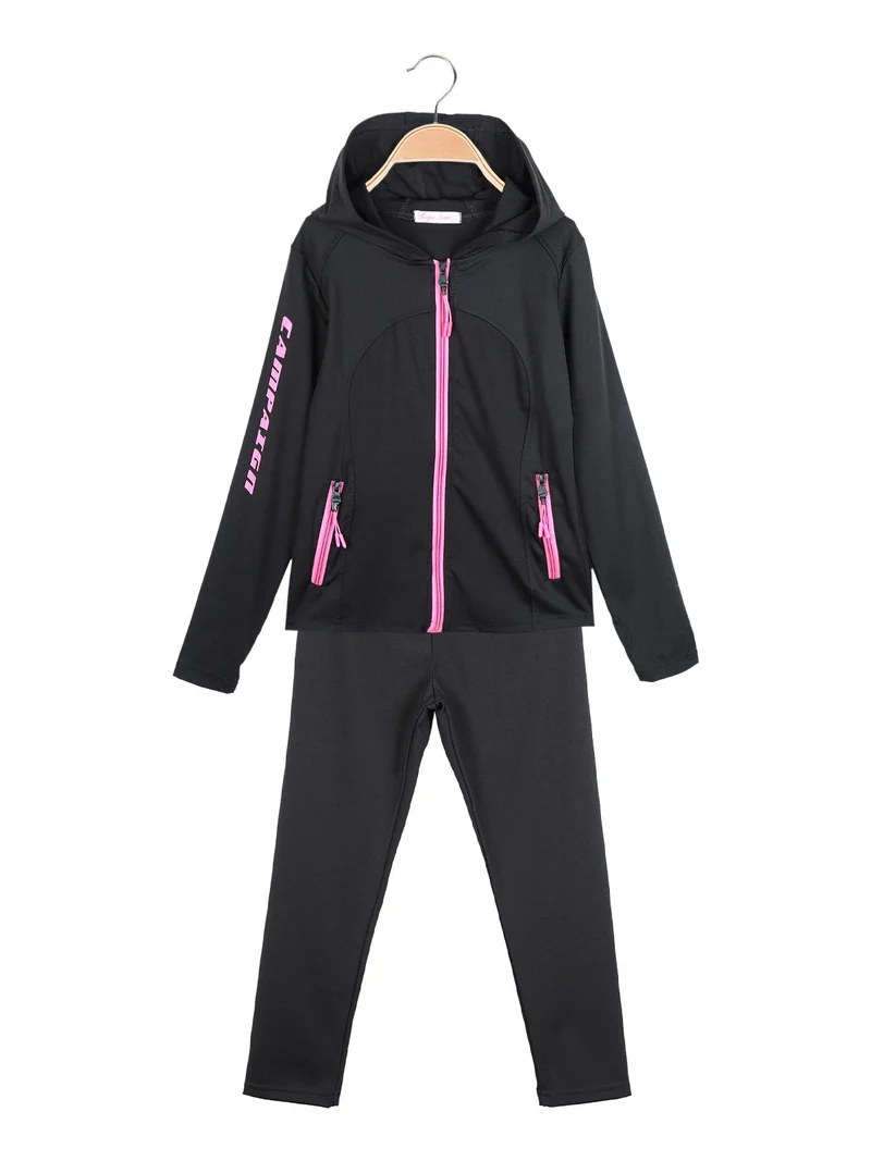 Completo tuta sportiva 2 pezzi da bambina con cappuccio e zip - nero