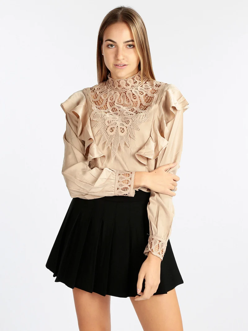 Blusa donna con inserti in macramè - cammello