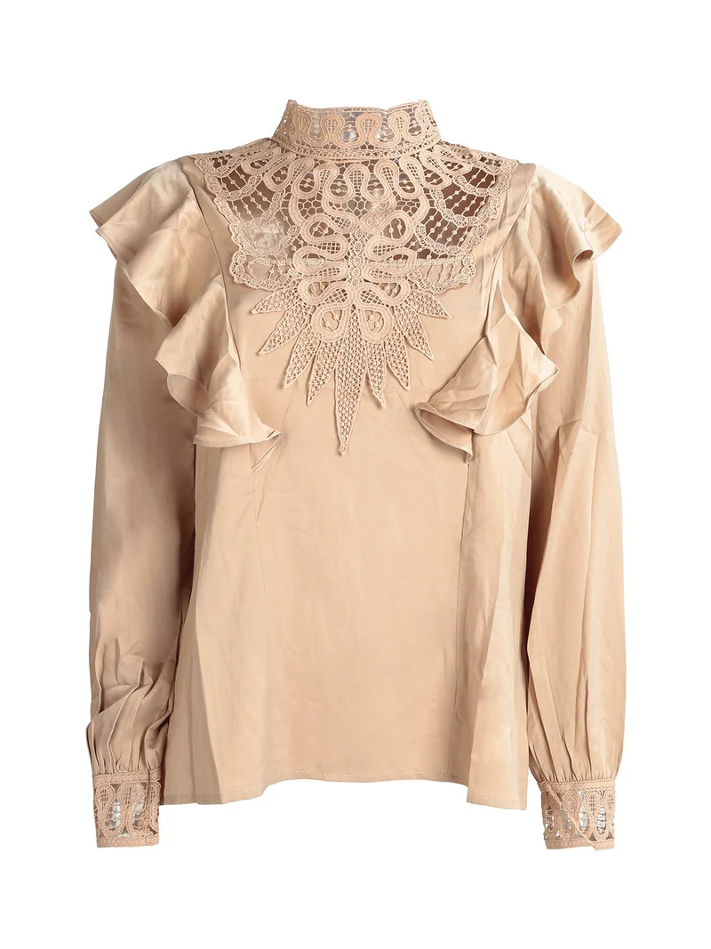 Blusa donna con inserti in macramè - cammello