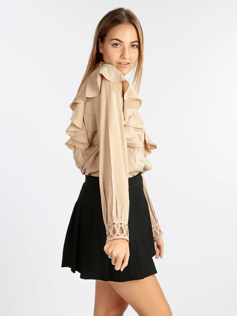Blusa donna con inserti in macramè - cammello