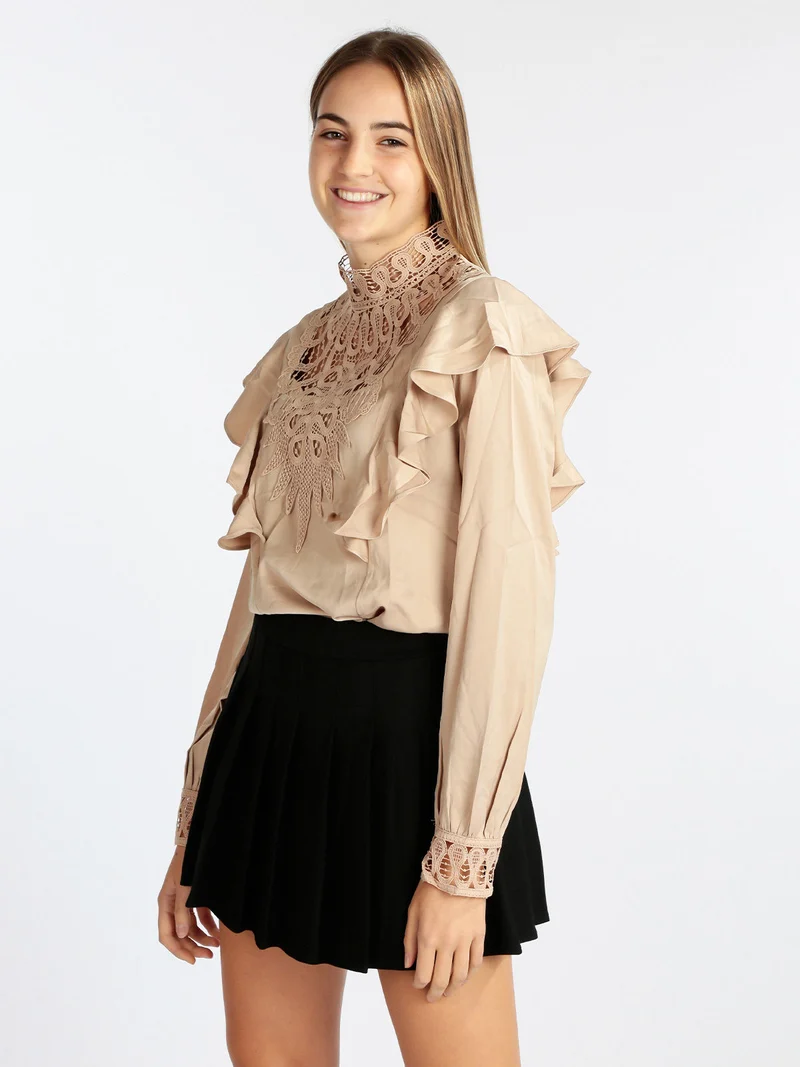 Blusa donna con inserti in macramè - cammello