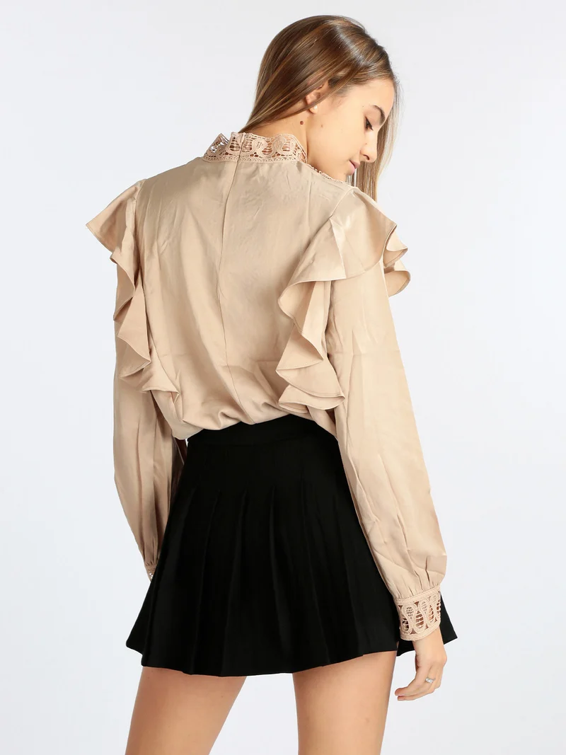 Blusa donna con inserti in macramè - cammello