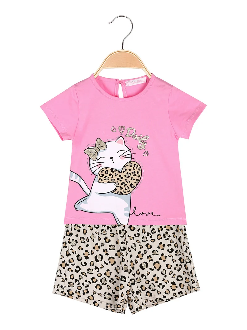 Completo corto da neonata con t-shirt e shorts animalier - fucsia
