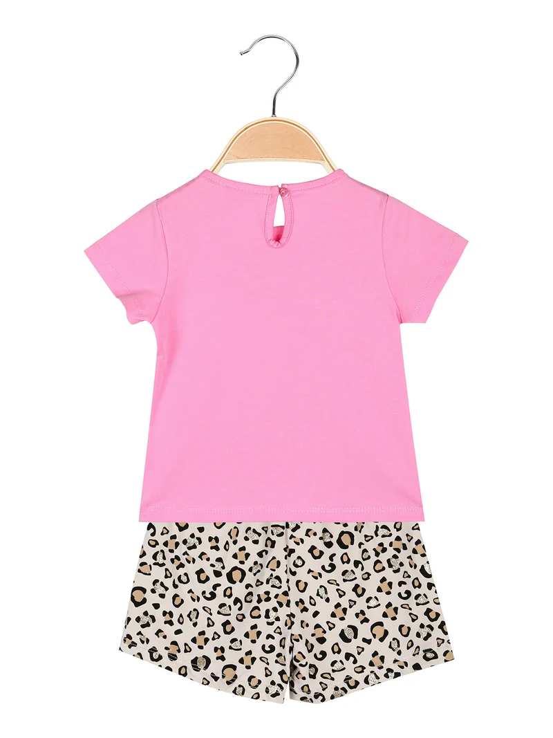 Completo corto da neonata con t-shirt e shorts animalier - fucsia