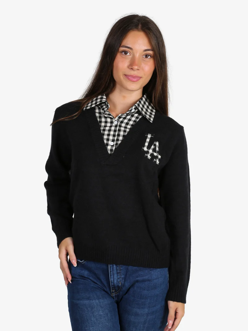 Maglione donna oversize con collo a camicia - nero