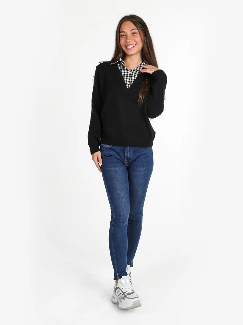 Maglione donna oversize con collo a camicia - nero