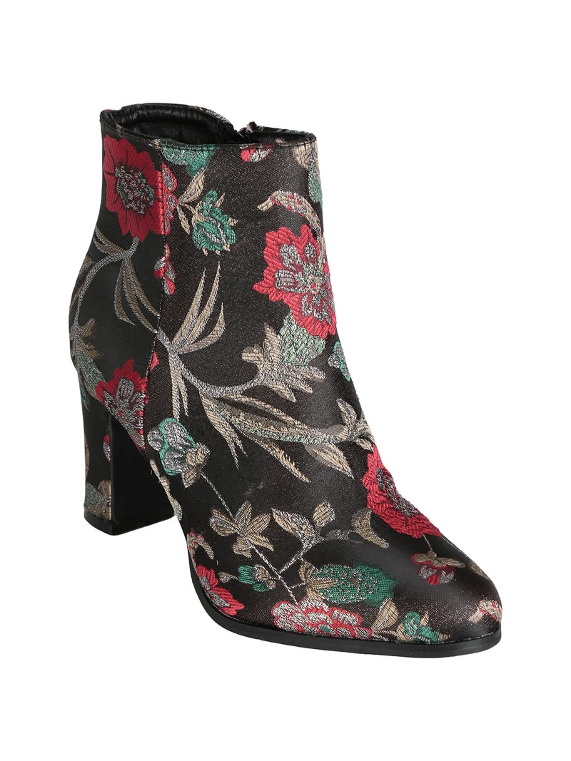 Stivaletti donna fiorati con tacco - nero