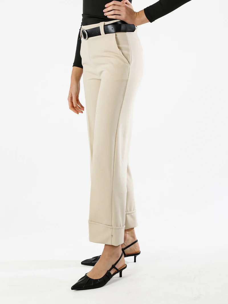 Pantaloni donna a gamba larga con cintura - beige