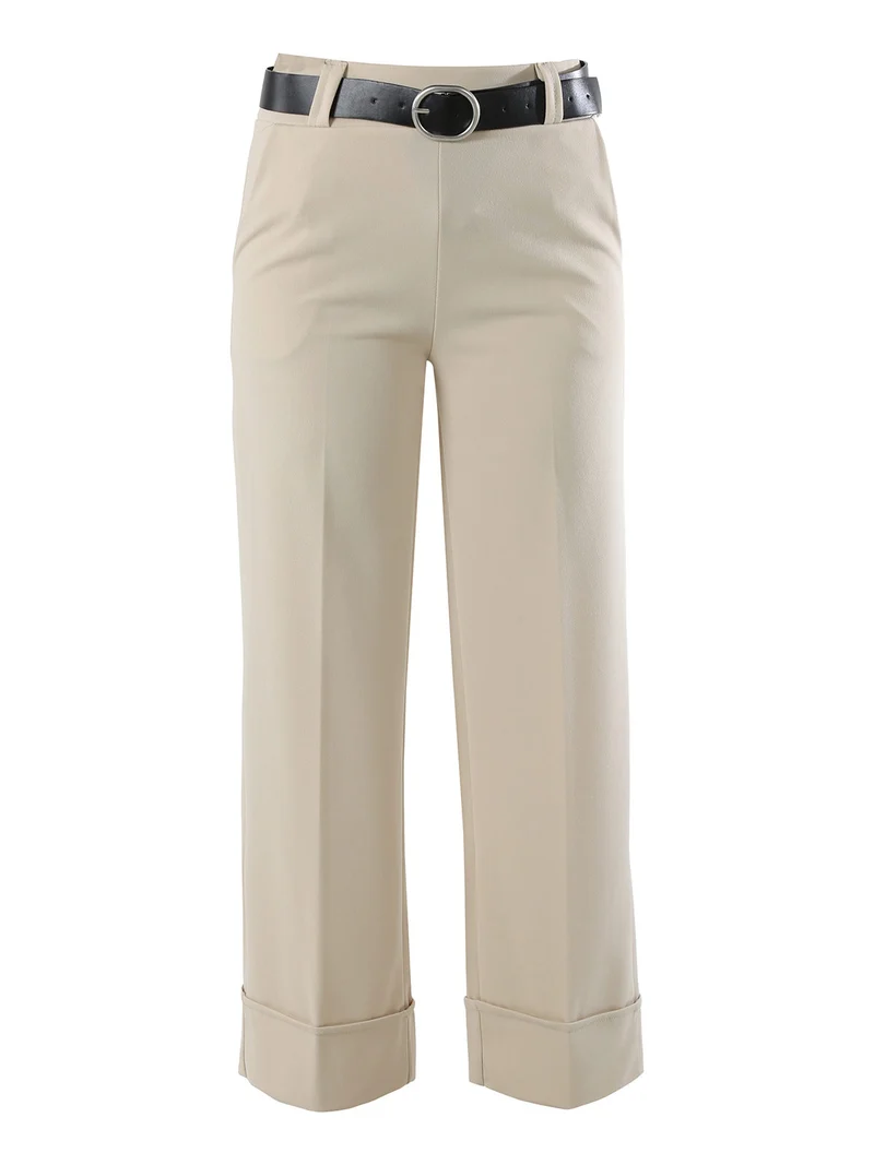 Pantaloni donna a gamba larga con cintura - beige