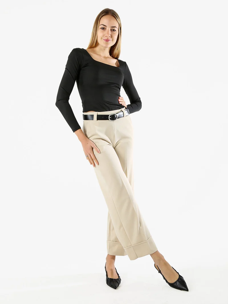 Pantaloni donna a gamba larga con cintura - beige