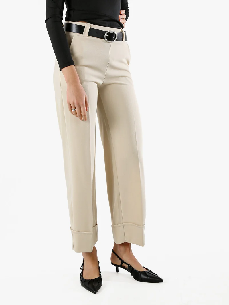 Pantaloni donna a gamba larga con cintura - beige