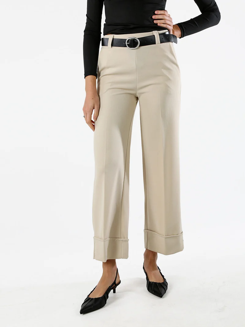 Pantaloni donna a gamba larga con cintura - beige