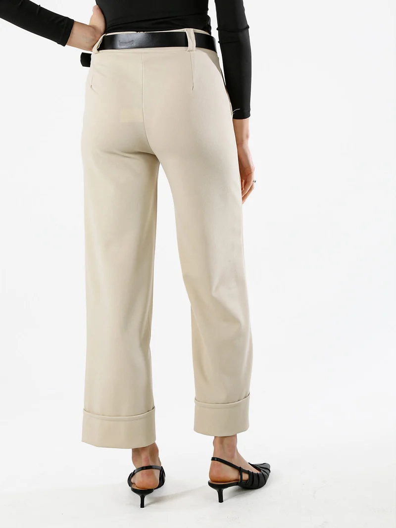 Pantaloni donna a gamba larga con cintura - beige