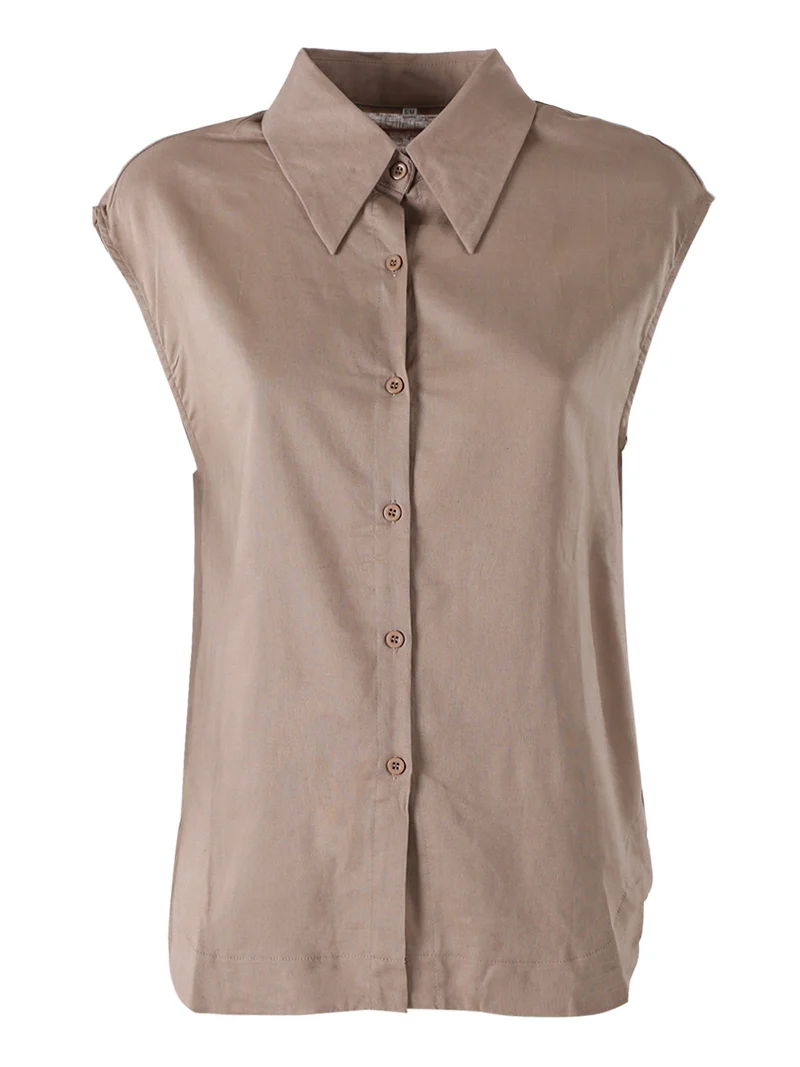 Camicia donna smanicata in misto lino - khaki