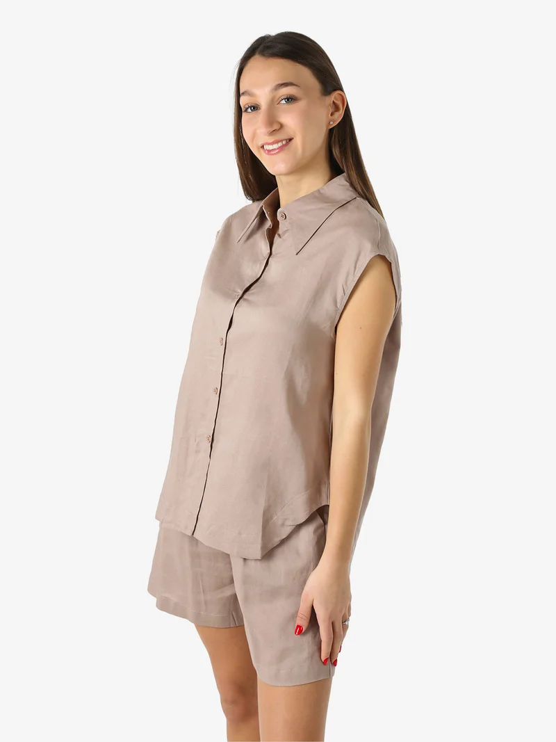 Camicia donna smanicata in misto lino - khaki