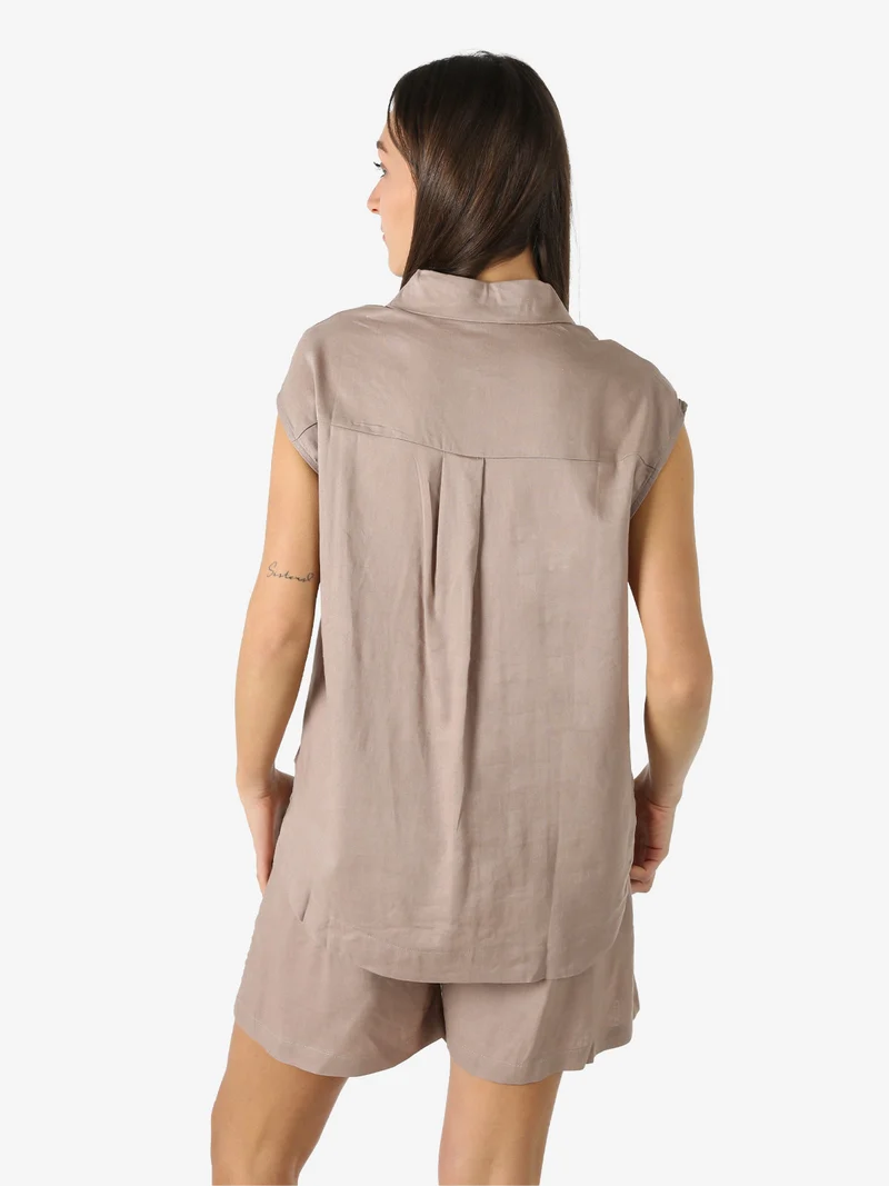 Camicia donna smanicata in misto lino - khaki