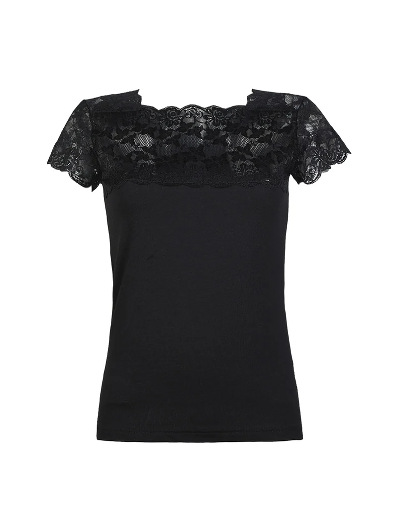 Maglia manica corta donna con pizzo - nero