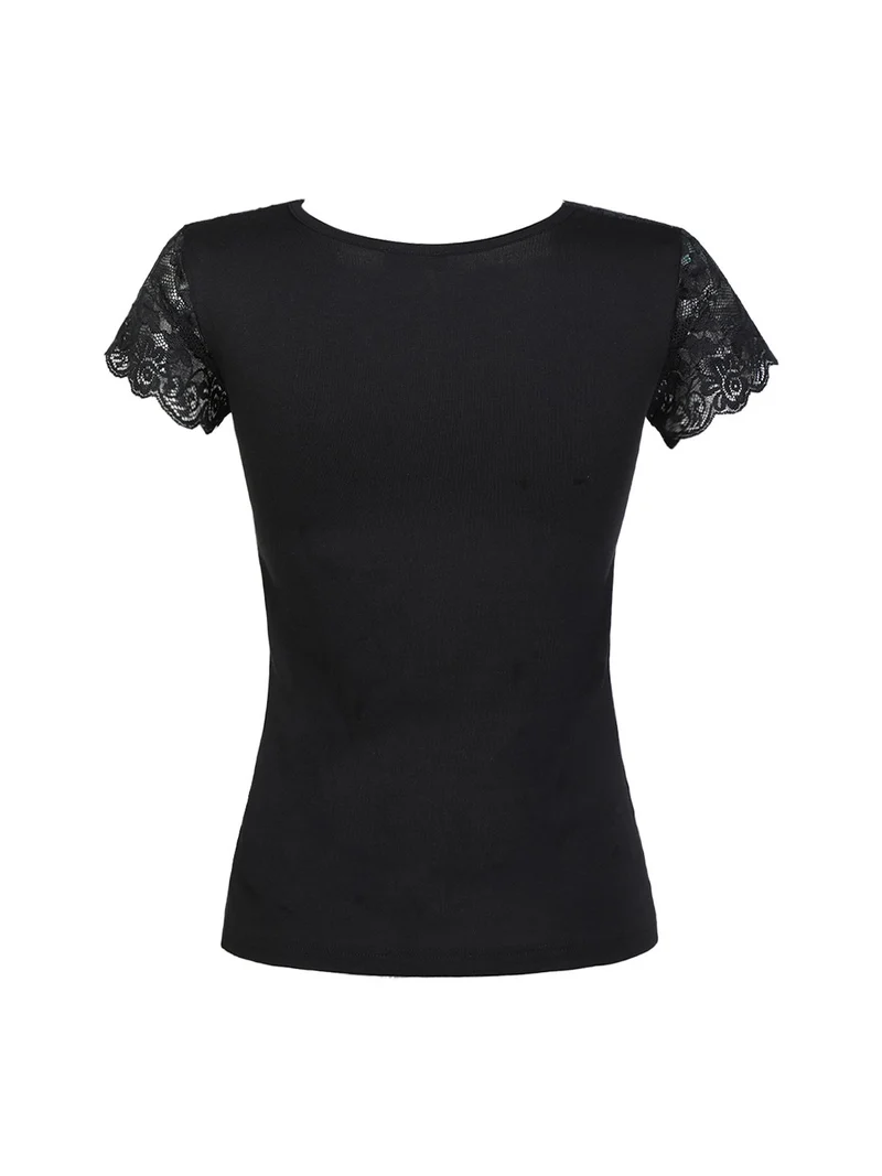 Maglia manica corta donna con pizzo - nero