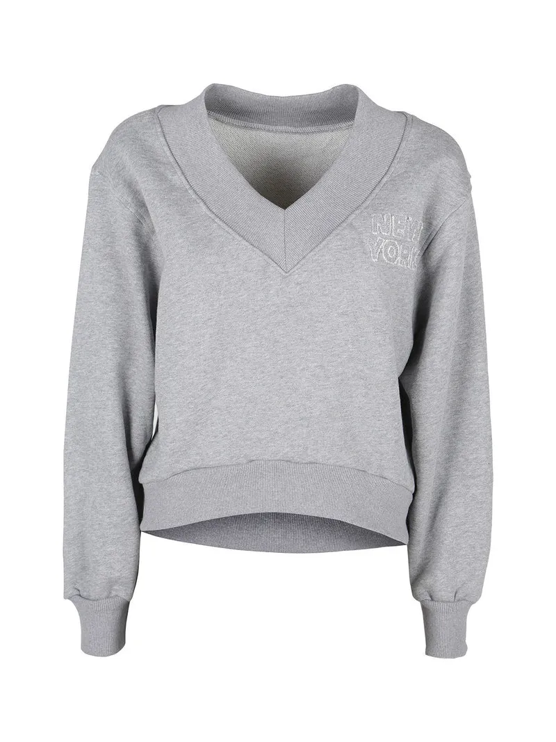 Felpa cropped da donna con scollo a V - grigio