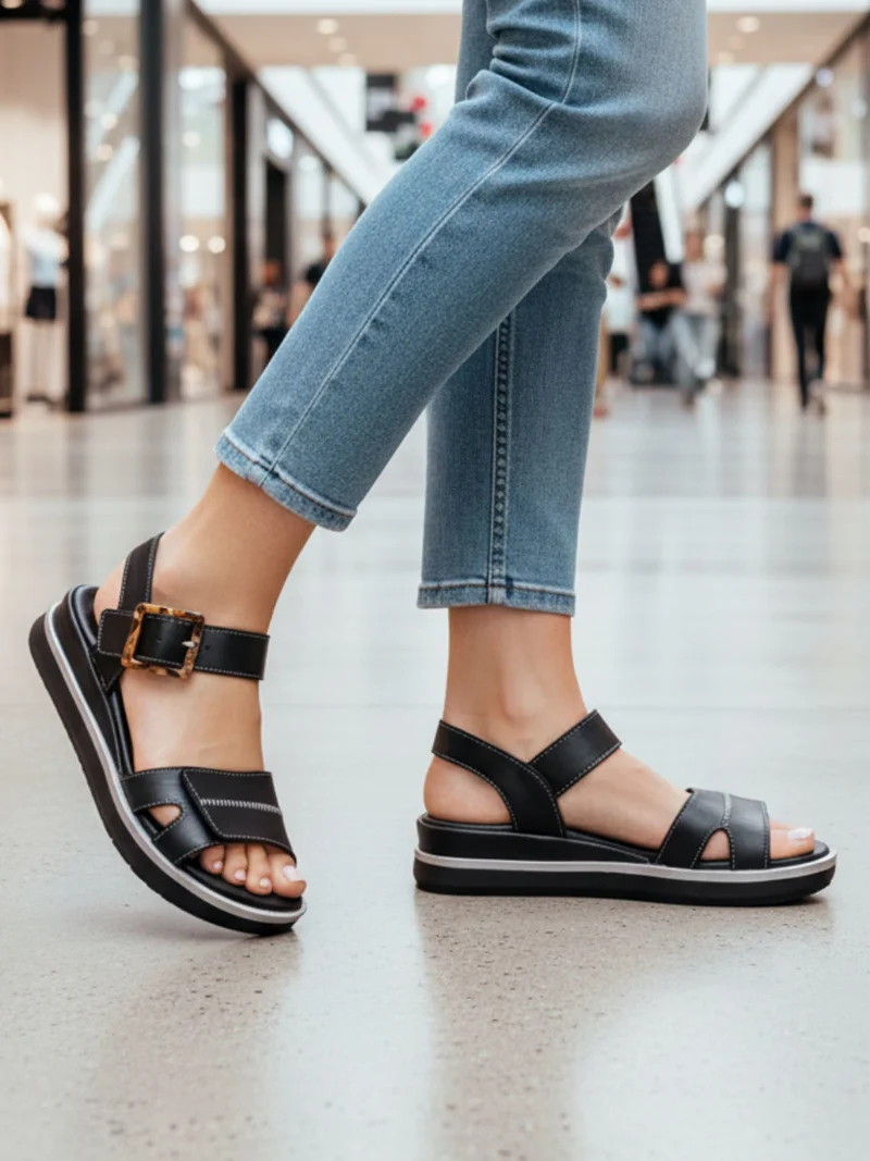 Sandali in pelle da donna con zeppa e cinturino con fibbia - nero