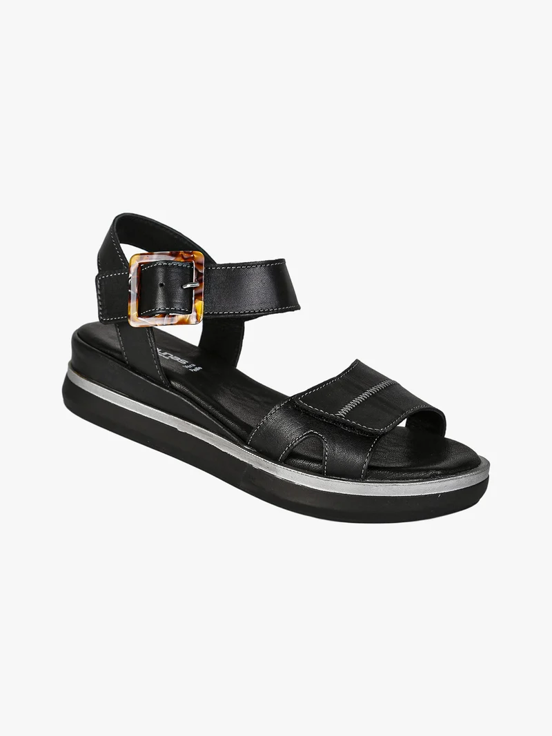 Sandali in pelle da donna con zeppa e cinturino con fibbia - nero