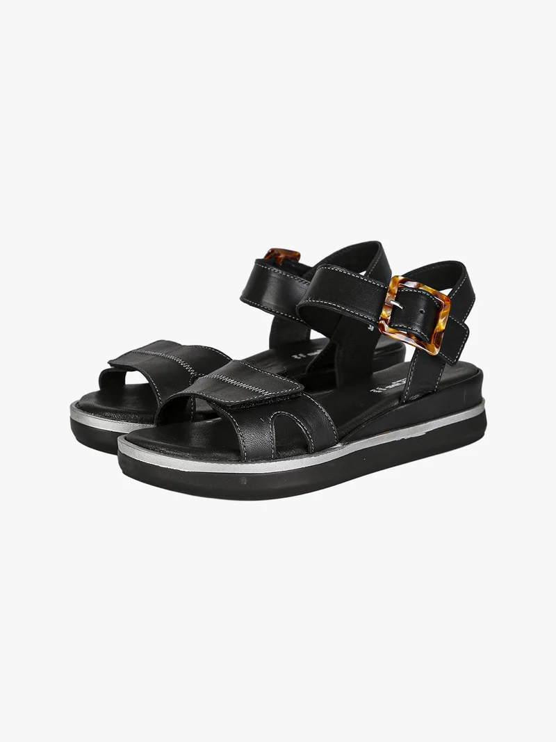 Sandali in pelle da donna con zeppa e cinturino con fibbia - nero