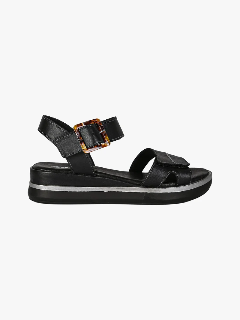 Sandali in pelle da donna con zeppa e cinturino con fibbia - nero