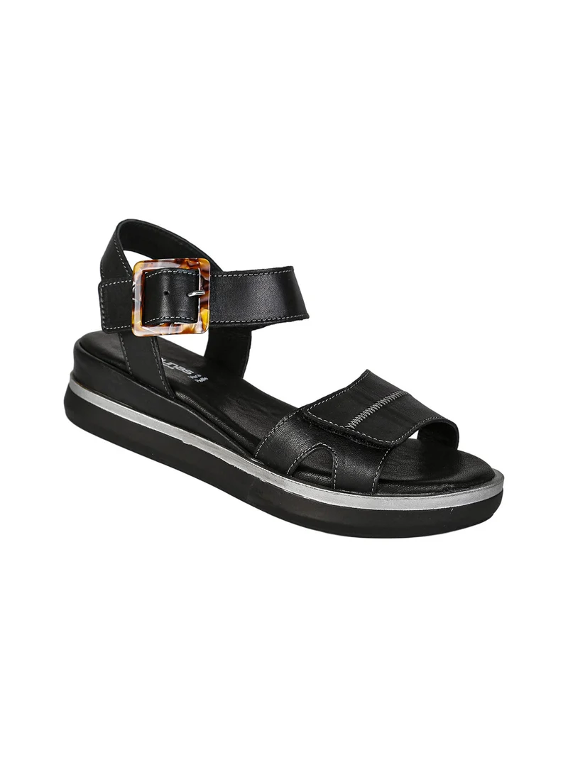 Sandali in pelle da donna con zeppa e cinturino con fibbia - nero