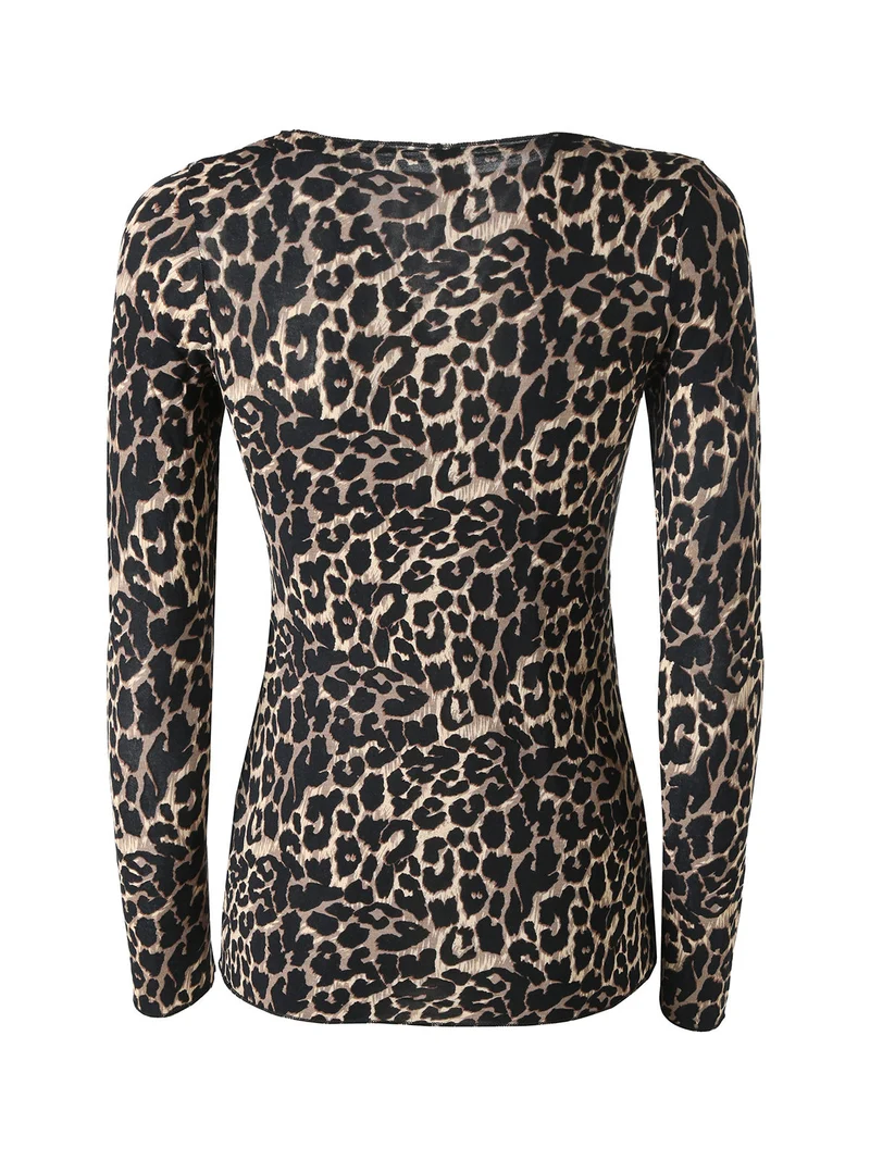 P0737M Maglietta donna leopardata in cashmere con scollo a barca - multicolore