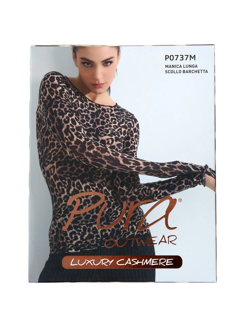 P0737M Maglietta donna leopardata in cashmere con scollo a barca - multicolore