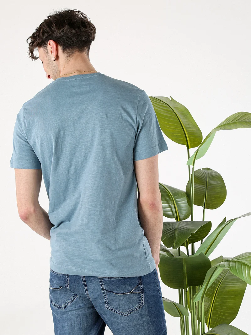 T-shirt da uomo in cotone con bottoni - blu