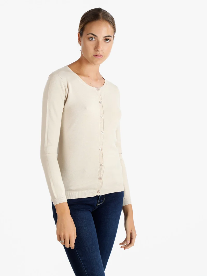 Cardigan girocollo da donna con bottoni - beige