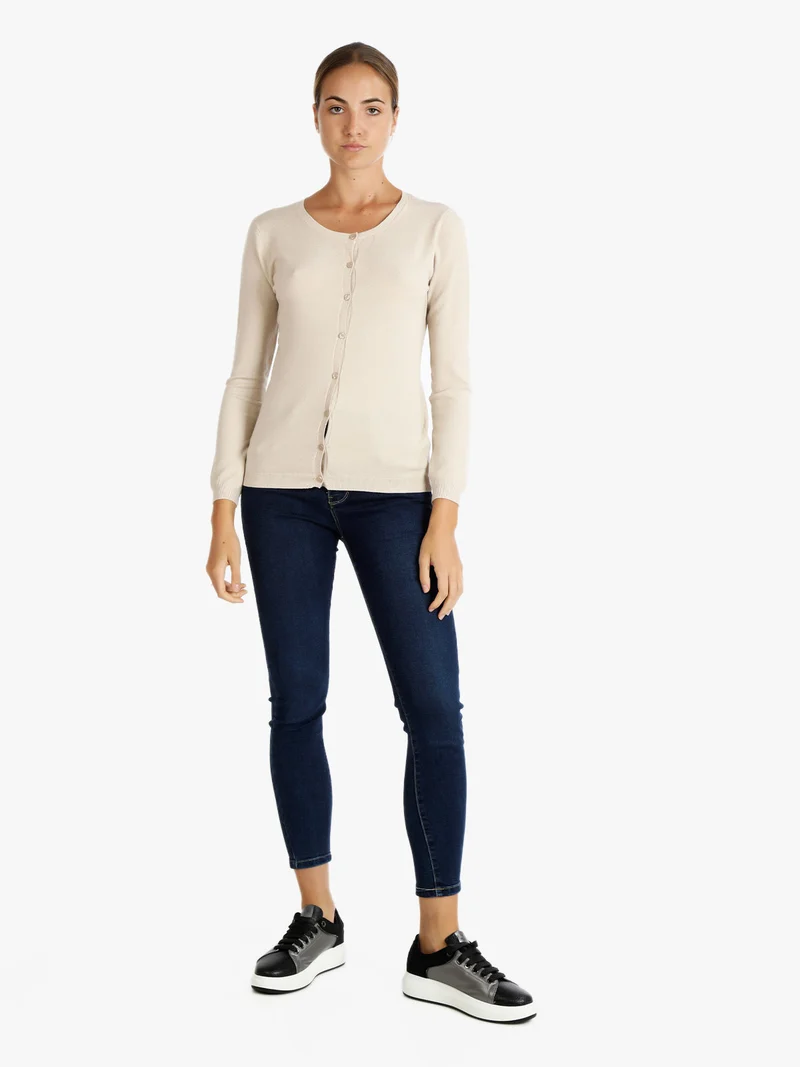Cardigan girocollo da donna con bottoni - beige
