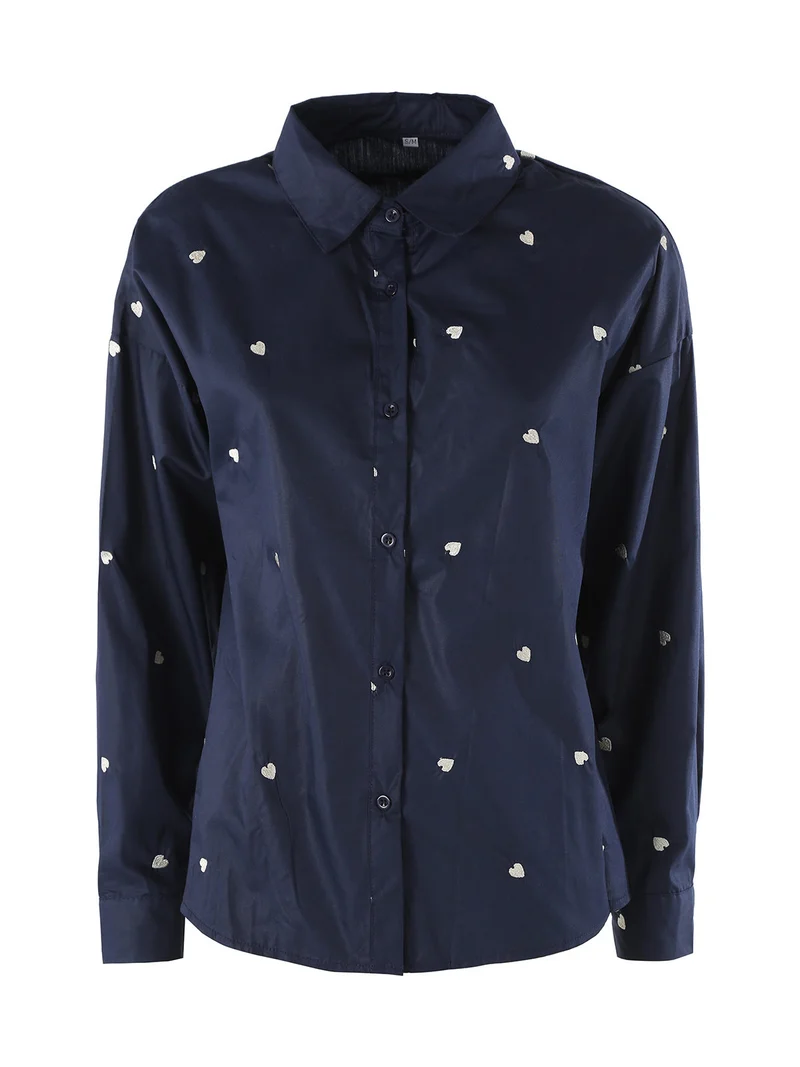Camicia donna a maniche lunghe in misto cotone con stampa cuori - blu scuro