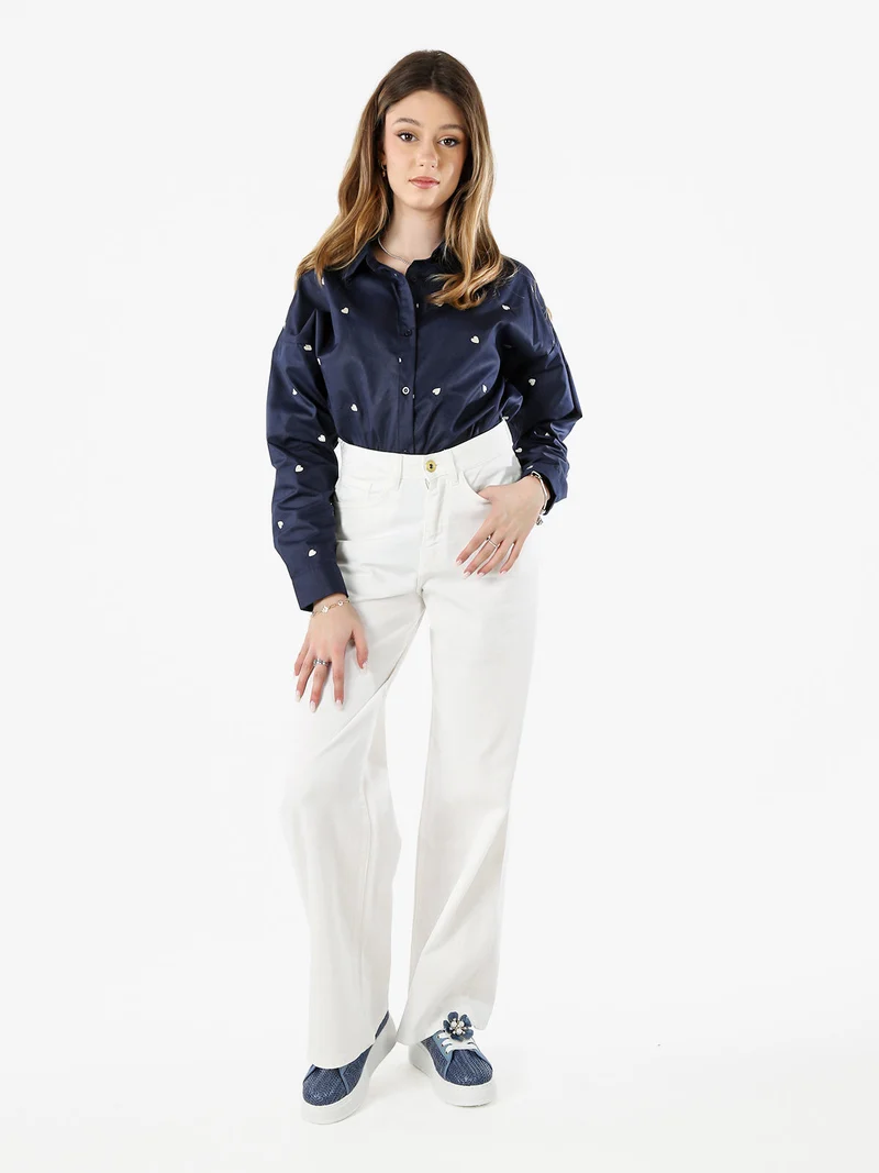 Camicia donna a maniche lunghe in misto cotone con stampa cuori - blu scuro