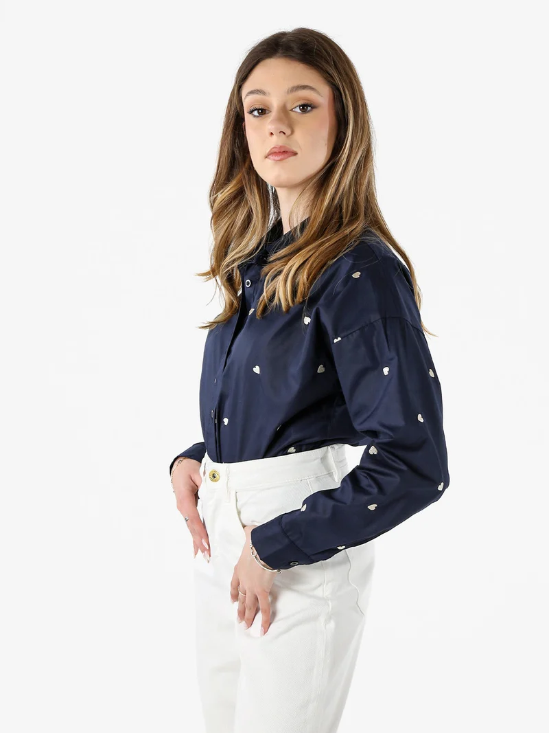 Camicia donna a maniche lunghe in misto cotone con stampa cuori - blu scuro
