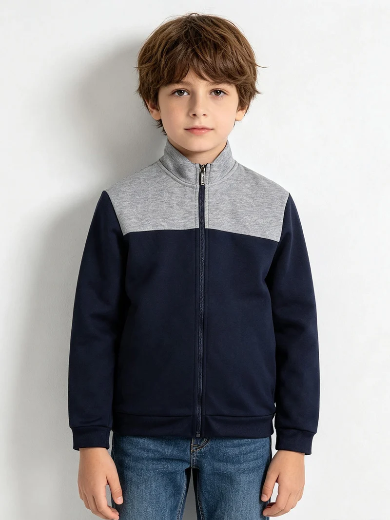 Felpa pesante da ragazzo full zip con strisce sulle maniche - blu scuro