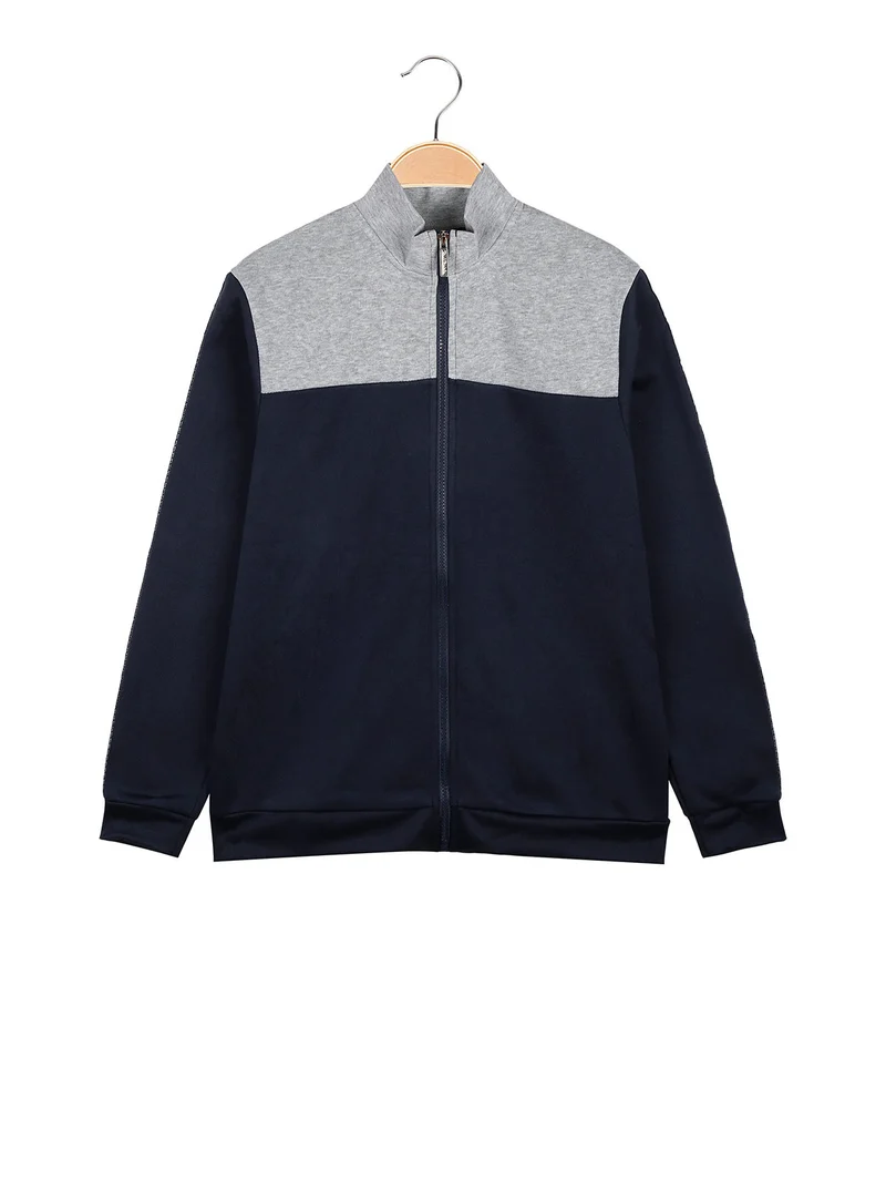 Felpa pesante da ragazzo full zip con strisce sulle maniche - blu scuro