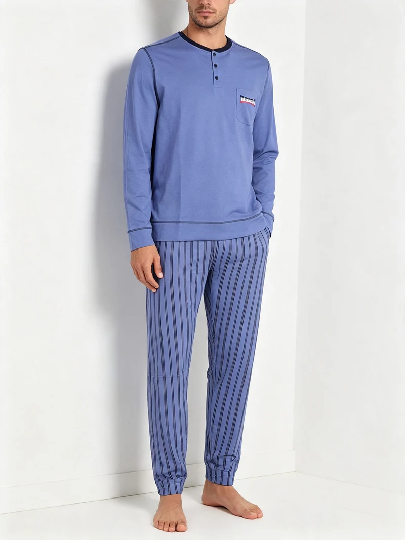 Pigiama lungo da uomo in cotone con pantaloni a righe - blu