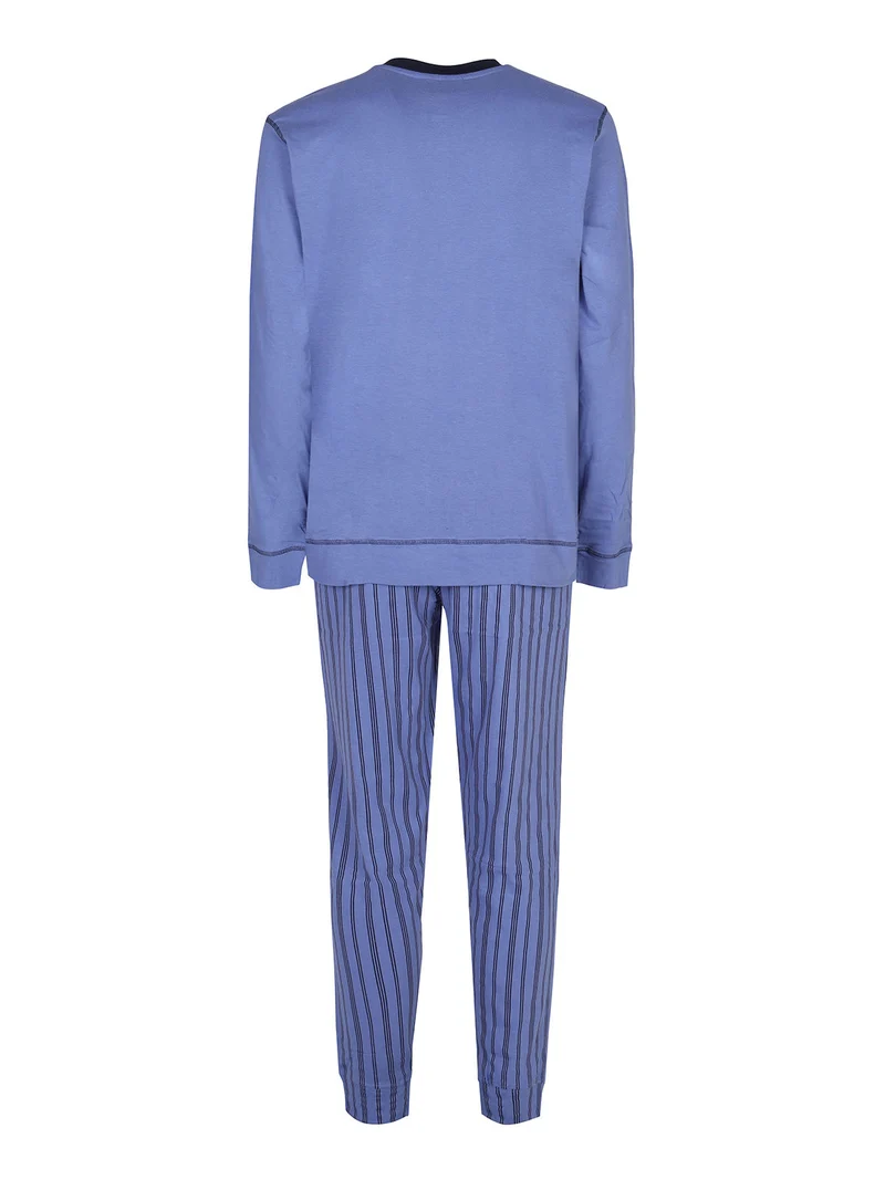 Pigiama lungo da uomo in cotone con pantaloni a righe - blu