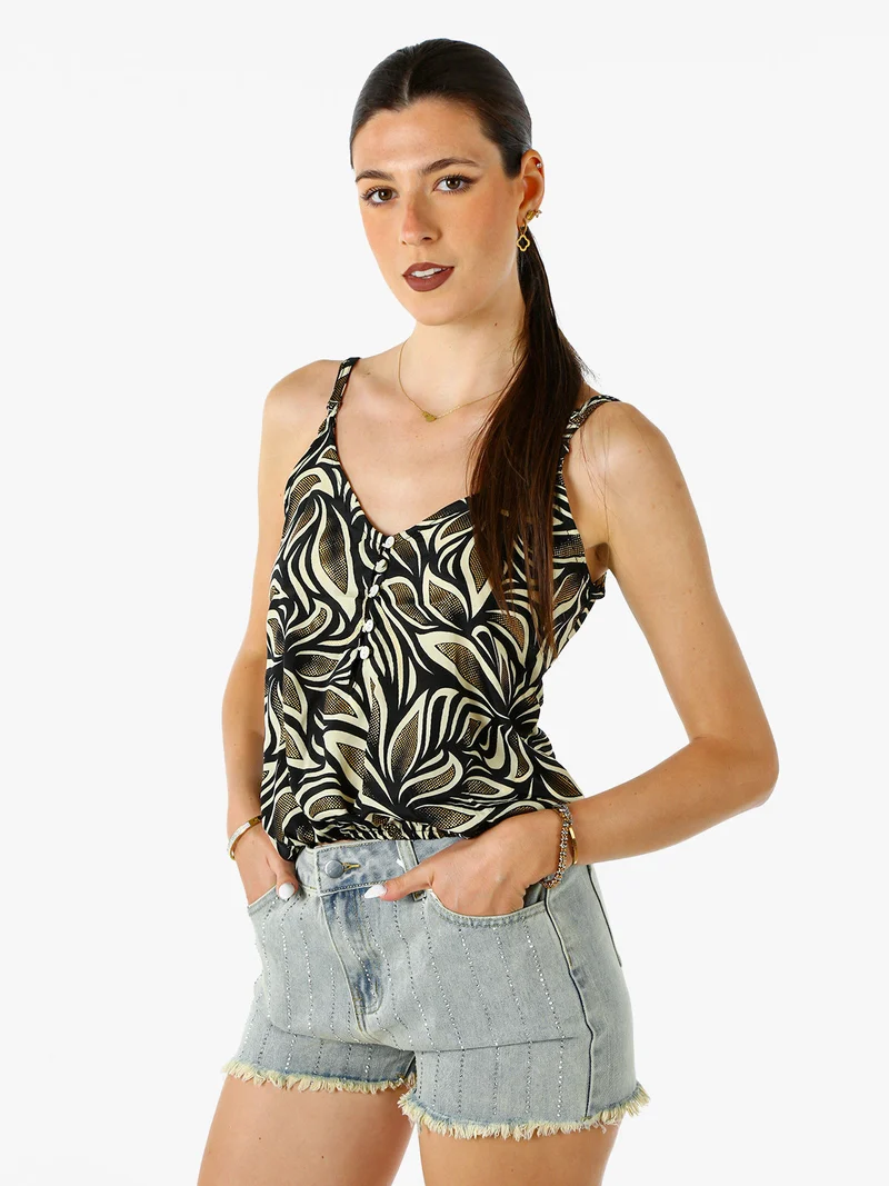 Top donna cropped in viscosa con spalline strette e stampe - nero