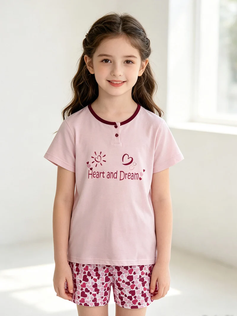 Pigiama corto in cotone T-shirt + shorts cuori - rosa
