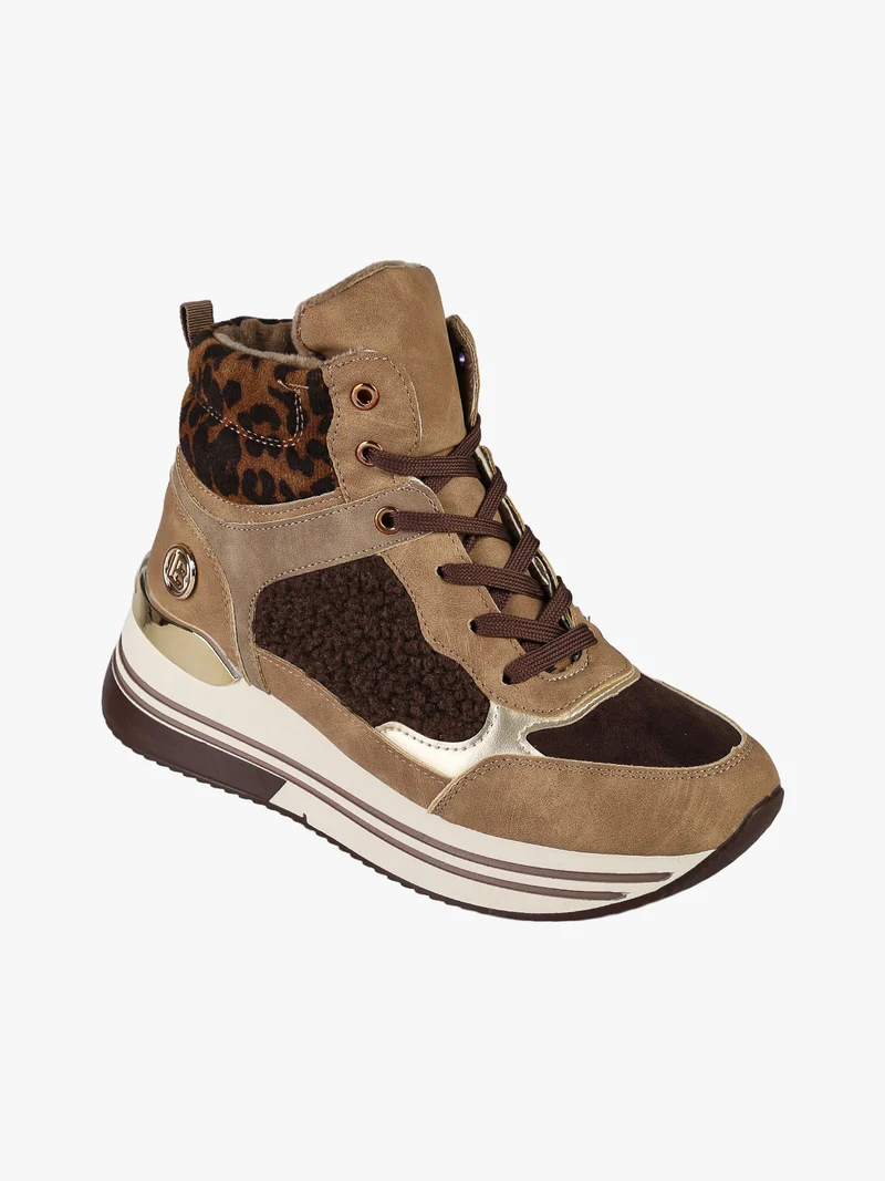 Sneakers donna alte con platform e interno in ecopelo - marrone
