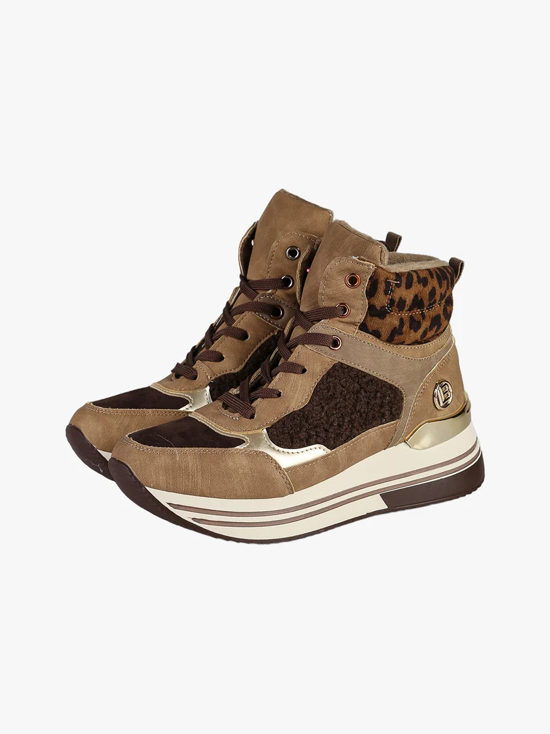 Sneakers donna alte con platform e interno in ecopelo - marrone