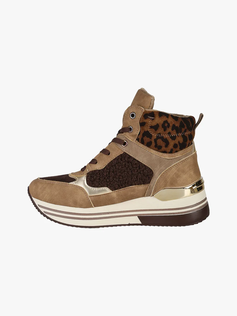 Sneakers donna alte con platform e interno in ecopelo - marrone